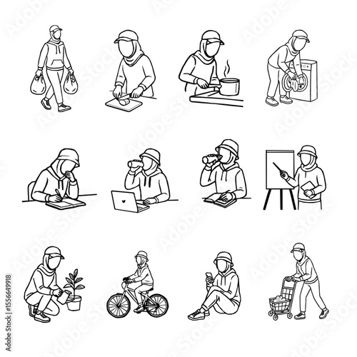 Hijab Woman Daily Activity Outline Vector Set. A collection of hijabi women in daily activities. Set of Muslim women wearing hijab doing productive tasks. set of hijab women in various poses. 