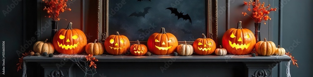 Obraz premium A spooky and stylish Halloween mantelpiece display featuring pumpkins, spiderwebs, and autumnal decor Perfect for fall and Halloween home decor inspiration , autumn leaves, rustic, mantelpiece