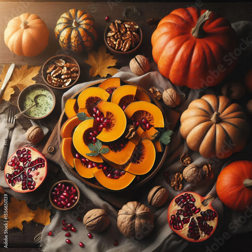 Autumn Harvest Table with Roasted Pumpkin and Pomegranate