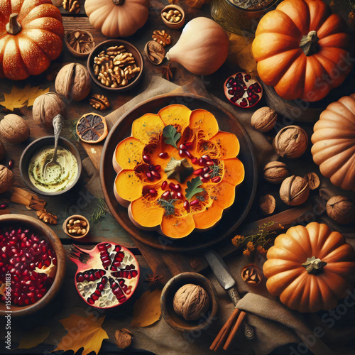 Autumn Harvest Table with Roasted Pumpkin and Pomegranate