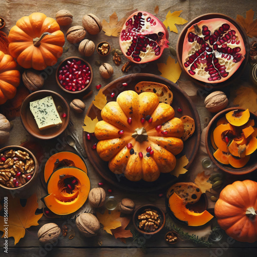 Autumn Harvest Table with Roasted Pumpkin and Pomegranate