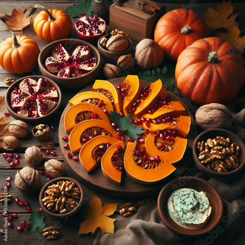 Autumn Harvest Table with Roasted Pumpkin and Pomegranate
