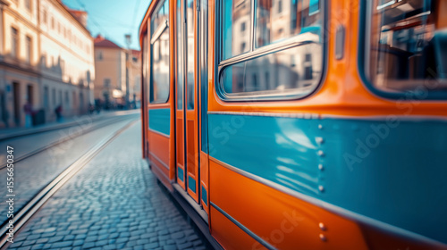 Colorful Urban Tram Gliding Through Historic Street at Sunset