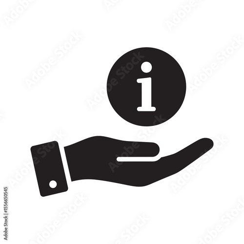 Information service in hand symbol for customer support help desk assistance guidance care offering solution knowledge vector solid glyph icon