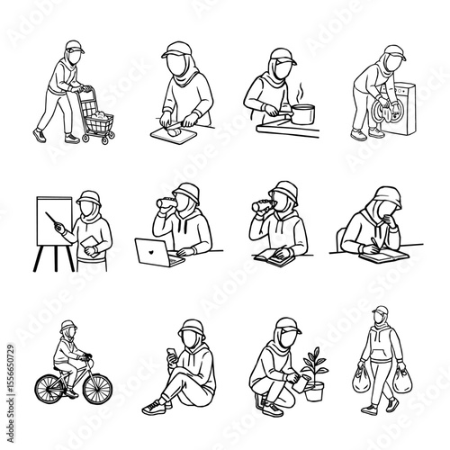 Hijab Woman Daily Activity Outline Vector Set. A collection of hijabi women in daily activities. Set of Muslim women wearing hijab doing productive tasks. set of hijab women in various poses. 