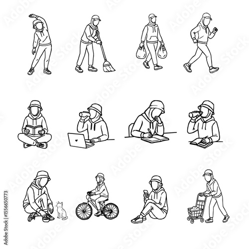 Hijab Woman Daily Activity Outline Vector Set. A collection of hijabi women in daily activities. Set of Muslim women wearing hijab doing productive tasks. set of hijab women in various poses. 