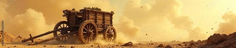 Fototapeta premium Overturned Ancient Chariot A Battlefield of Revolution ? Chaos, Dust, and Broken Wheels Depict the Violent Upheaval of Change in a Historic Battle Scene.
