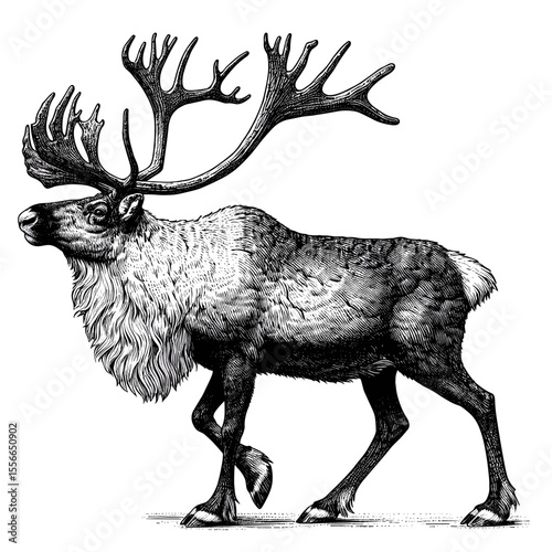 caribou full length  walking in snowy landscape. Caribou illustration shows impressive antlers and thick fur coat.