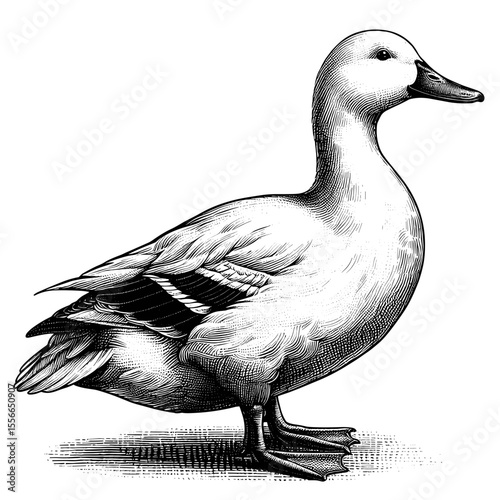 Domestic duck engraving style illustration. Detailed drawing of white domestic duck. Farm bird image perfect for poultry farming brochures.