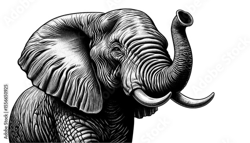 black and white engraving illustration of an elephant with raised trunk. Powerful elephant head and trunk details. Strong image of elephant for wildlife documentaries or nature publications.