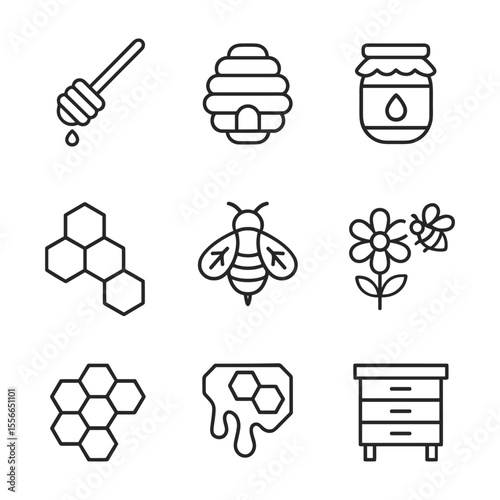 Apiary and honey production vector symbols. Outline symbols. Line design