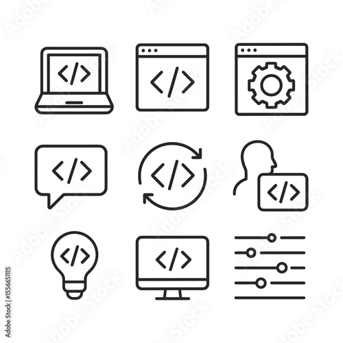 Programming and software development vector icons. Outline symbols. Line design