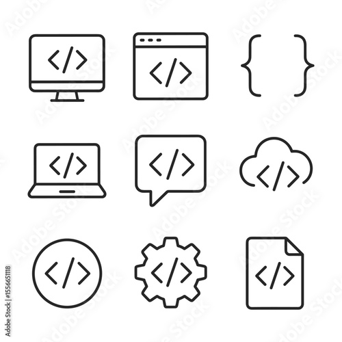 Web development and coding vector icon set. Outline symbols. Line design