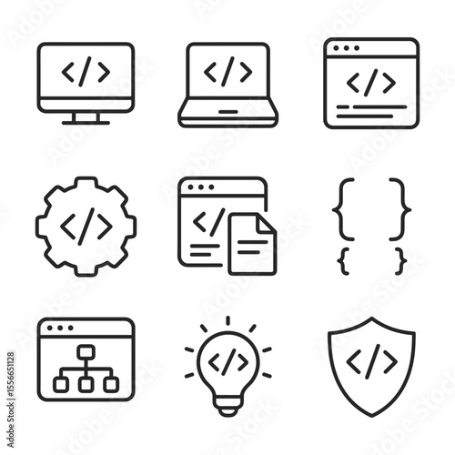 Modern coding and programming vector icons collection. Outline symbols. Line design