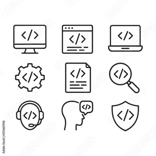 Programming and development vector icon set. Outline symbols. Line design