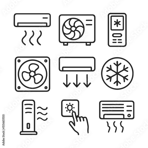 Climate control and ventilation vector icon set. Outline symbols. Line design