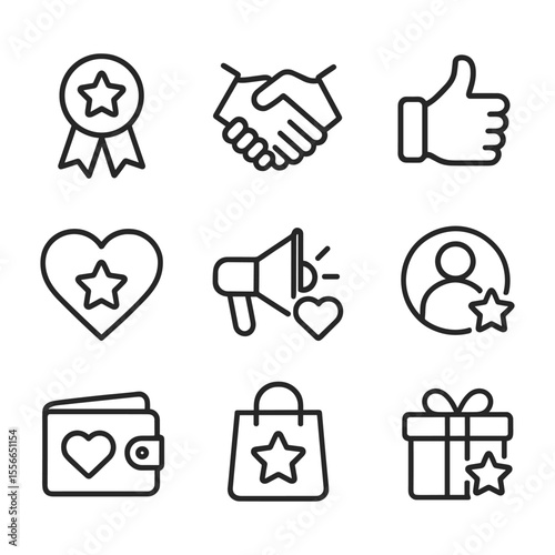 Customer loyalty and rewards vector icon set. Outline symbols. Line design