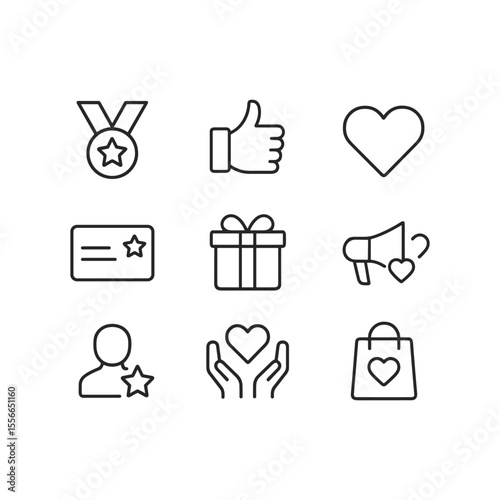 Loyalty card and rewards vector icons collection. Outline symbols. Line design