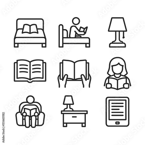 Bedroom reading vector icons collection. Outline symbols. Line design