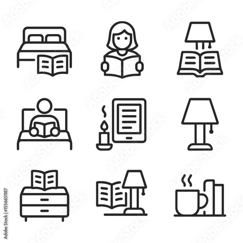 Bedroom literature icons vector set. Outline symbols. Line design