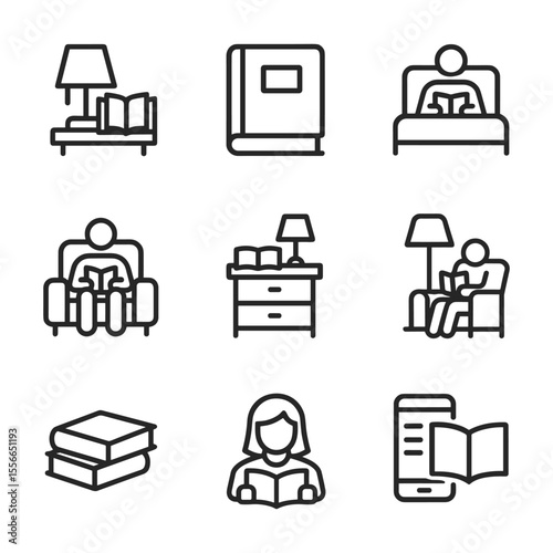 Reading in bedroom vector icon set. Outline symbols. Line design