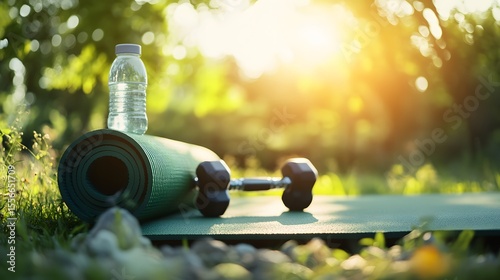 Outdoor Fitness Yoga Mat Dumbbells Water Bottle Sunset
