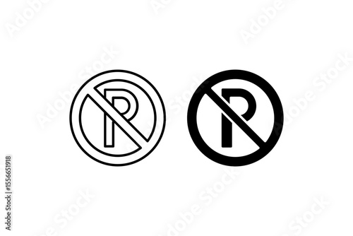 No Parking Icon Set. A black icon of a no parking sign, representing restriction.