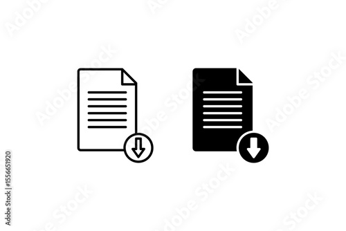 Download Document Icon Set. A black icon of a document with a download arrow, representing file transfer.