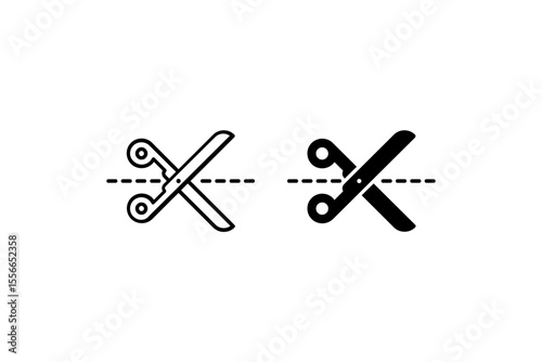 Cut Here Icon Set. A black icon of scissors with a cut line, representing cutting.