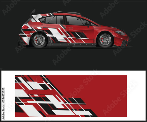 Red and White Race Car with Geometric Graphics and Vinyl Wrap Design