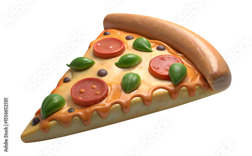 3D Rendered Slice of Pepperoni Pizza with Basil Leaves and Melting Cheese