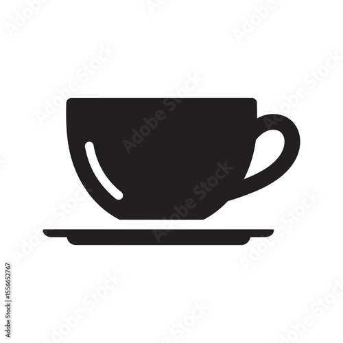 Solid glyph vector icon of a hot coffee cup on a saucer representing a caffeine beverage for breakfast and a warm espresso drink in a cafe