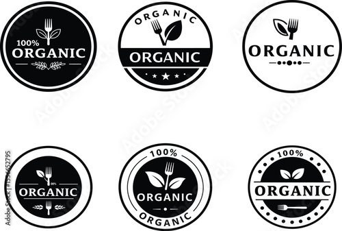 organic certified label badge set vector, eco friendly natural food product seal for packaging or marketing design
