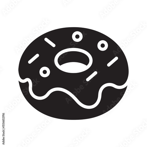 Solid glyph vector icon of a sweet frosted donut with sprinkles representing a bakery dessert and a delicious sugary pastry snack for breakfast