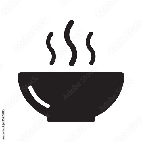 Solid glyph vector icon of a hot soup bowl with steam representing a warm liquid meal for dinner or a healthy vegetable broth appetizer