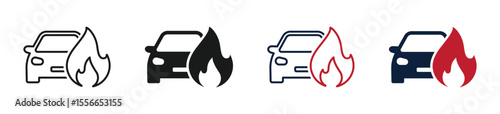 Car on fire vector icons set. Burning car icon