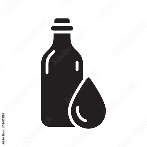 Solid glyph vector icon of a cooking oil bottle with a drop representing a liquid food ingredient like olive or vegetable oil for frying