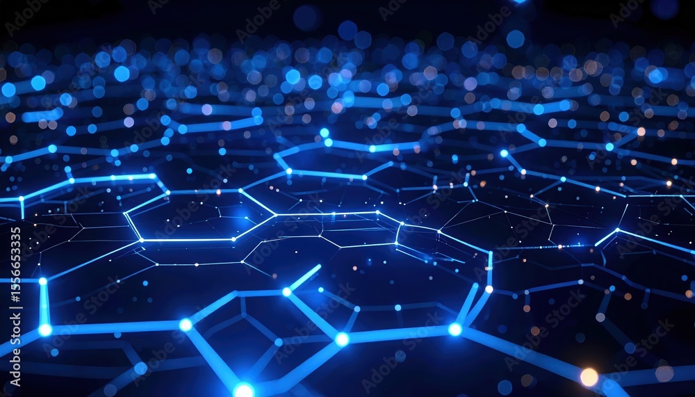Obraz premium Abstract futuristic glowing blue hexagonal grid network with connected lines and points demonstrating digital technology and innovation in a high-tech environment