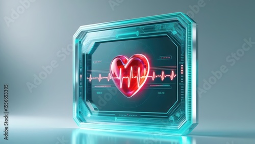 Advanced futuristic health monitor device displaying a glowing red heart with detailed ECG readings inside a transparent high-tech enclosure with sleek digital interface