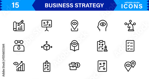 Business Strategy Icon Set Representing Growth, Planning, Success, Analytics, and Leadership in a Clean, Professional, and Market-Ready Vector Style