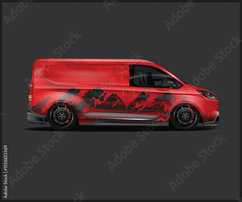 Red Van with Mountain Graphics Wrap Design van