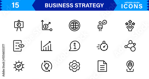 Business Strategy Icon Set Representing Growth, Planning, Success, Analytics, and Leadership in a Clean, Professional, and Market-Ready Vector Style