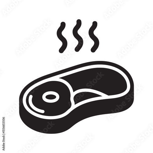 Solid glyph vector icon of a grilled steak with steam representing a beef meat meal for a protein rich dinner and delicious barbecue food