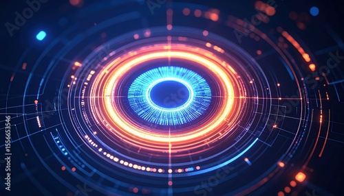 Wallpaper Mural Futuristic digital interface with glowing concentric circles and holographic elements in vibrant blue orange and red tones, representing advanced technology and data visualization Torontodigital.ca