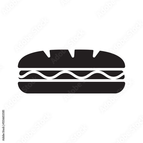 Solid glyph vector icon of a submarine sandwich for a fast food meal representing a long bread roll with meat and vegetable for lunch