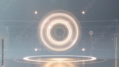 Futuristic glowing circular interface with digital elements representing technology innovation and advanced holographic display in a modern high-tech environment