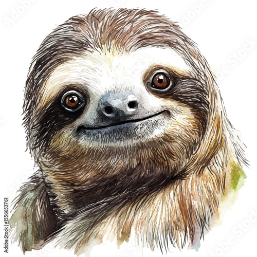 Sloth Close Up, watercolor vector, isolated on a white background.