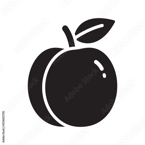 Solid glyph vector icon of a fresh peach fruit with a leaf representing a sweet summer harvest and healthy organic stone fruit nutrition