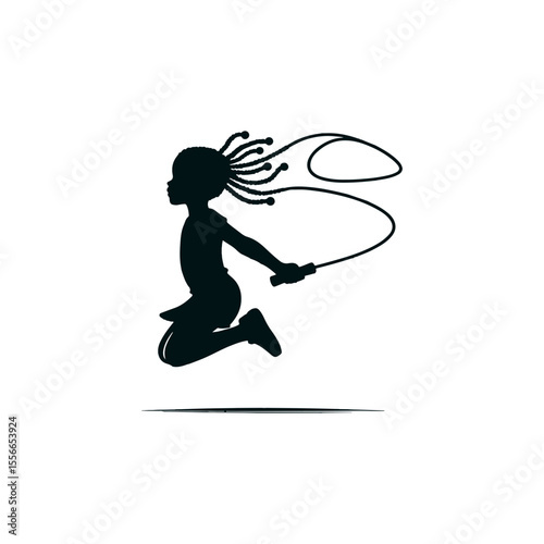 Girl with pigtails jumping rope