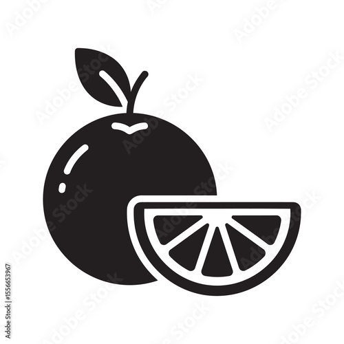 Solid glyph vector icon of a fresh orange fruit with a slice representing a healthy citrus food with vitamin C and a juicy sweet snack